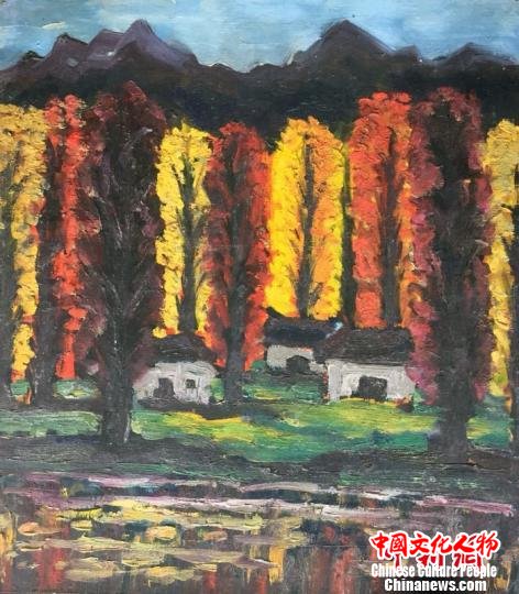 林风眠油画《秋林小屋》。 民烨 摄 林风眠油画《秋林小屋》。 民烨 摄